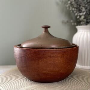 Vintage Solid Wood Bowl with Copper Lid - Rustic Farmhouse